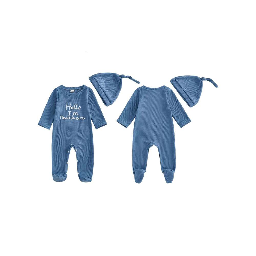 Infant Boys 2-Piece Outfit Cozy Long Sleeve Footie Romper with Crew Neck and Embroidered Letters Matching Hat Included Z260304