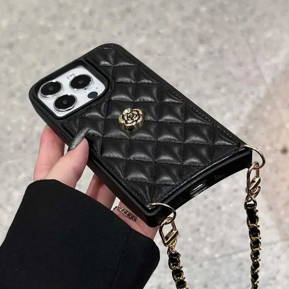 Luxury Quilted Faux Leather Crossbody Case For iPhone 15 Plus 14 13 12 Pro Max | Camellia Charm with Shoulder LanyardT260305