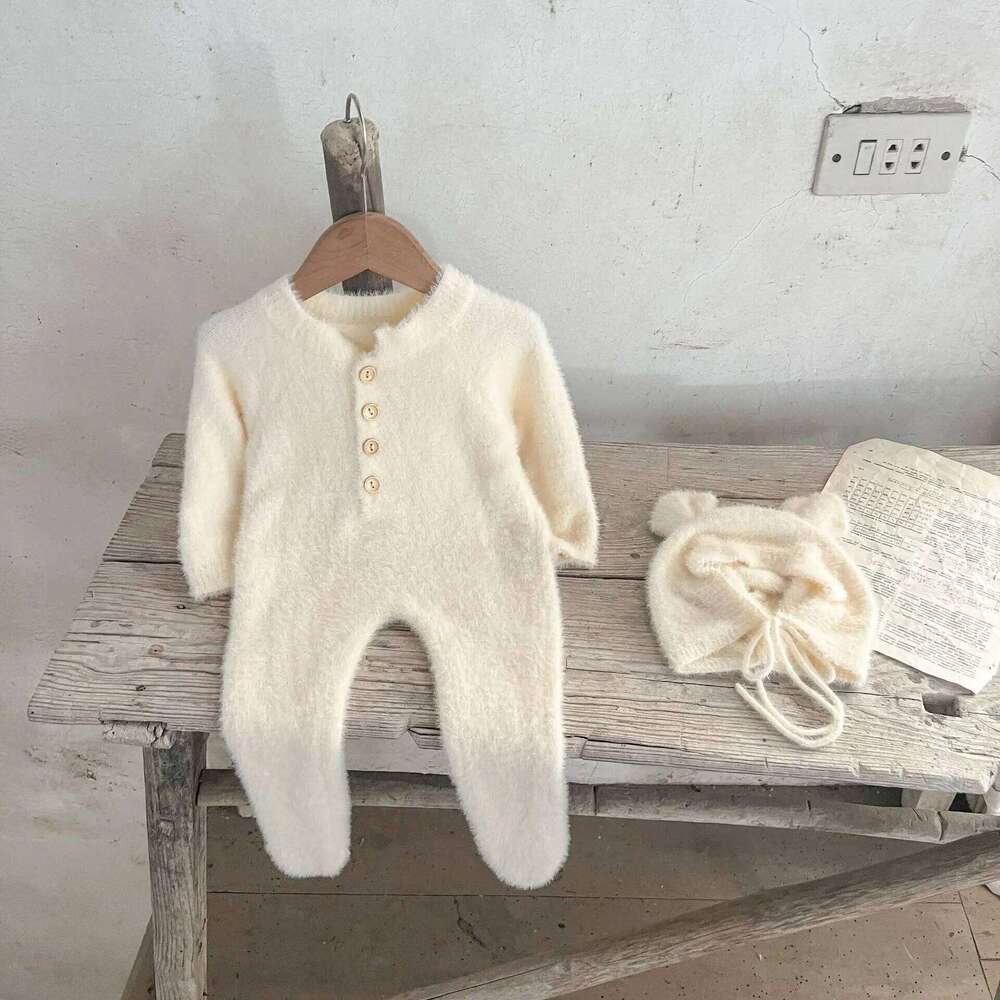 2025 Autumn Winter New in Kids Baby Girls Boys Cute Clothing Set , Toddler Infant Mink Fur Solid Color Footbinding Romper + Hat Z260304