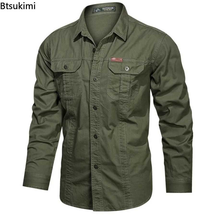 Cotton Cargo Shirts Mens Spring Autumn Long Sleeve 2-pocket Work Shirts Outdoor Casual Men Clothing Oversized 6XL M260305