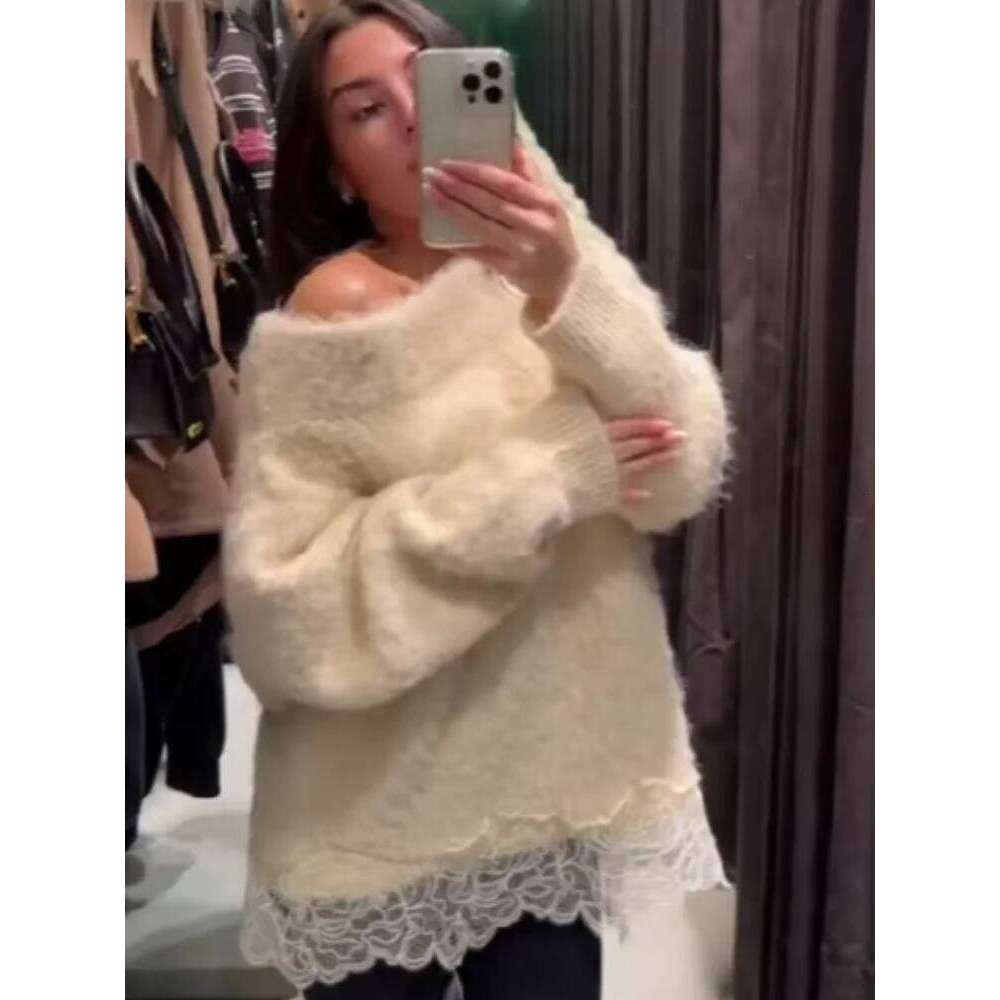 Lace Patchwork Knitted Pullover Women Stylish Full Sleeve Slanted Collar Irregular Hem Loose Pullovers Lady Spring Autumn Wear XJ260305