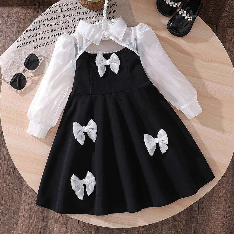 Elegant Semi-Sheer Long Sleeve Lapel Combo Dress for Girls Summer 4-7 Black Knee Length Skirt with Sweet Bow Detail Z260304