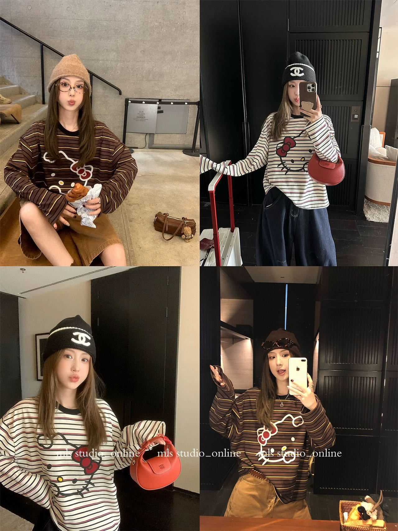Kitty print color-block striped loose long-sleeve T-shirt for women, 2026 early spring Korean style round-neck top, ins style J260305