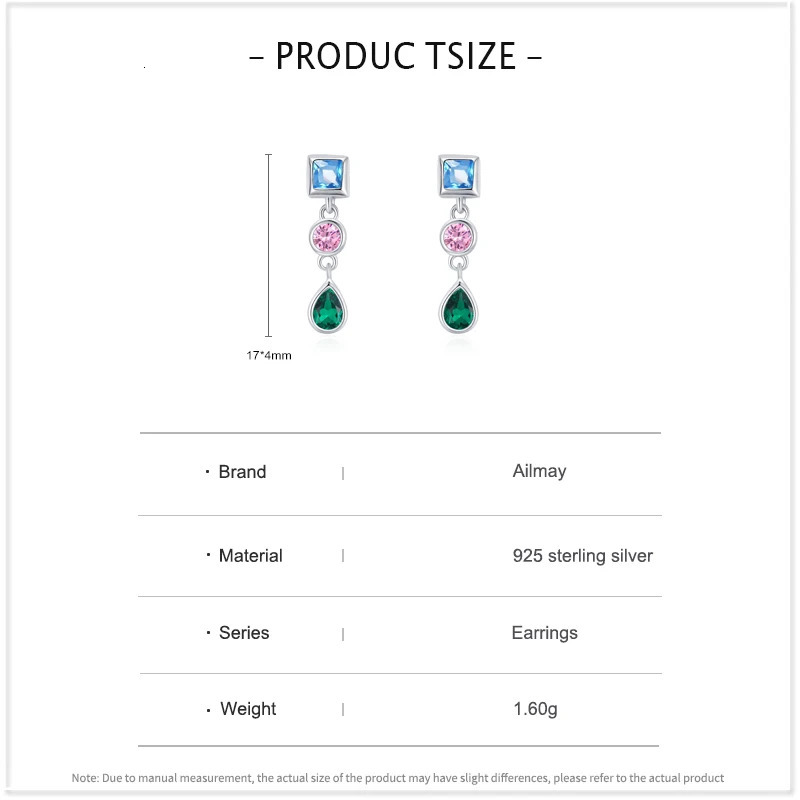 Ailmay 925 Sterling Silver Fashion Rainbow CZ Geometric n Stud Earrings For Women Girls Wedding Party Accessories Jewelry 260303