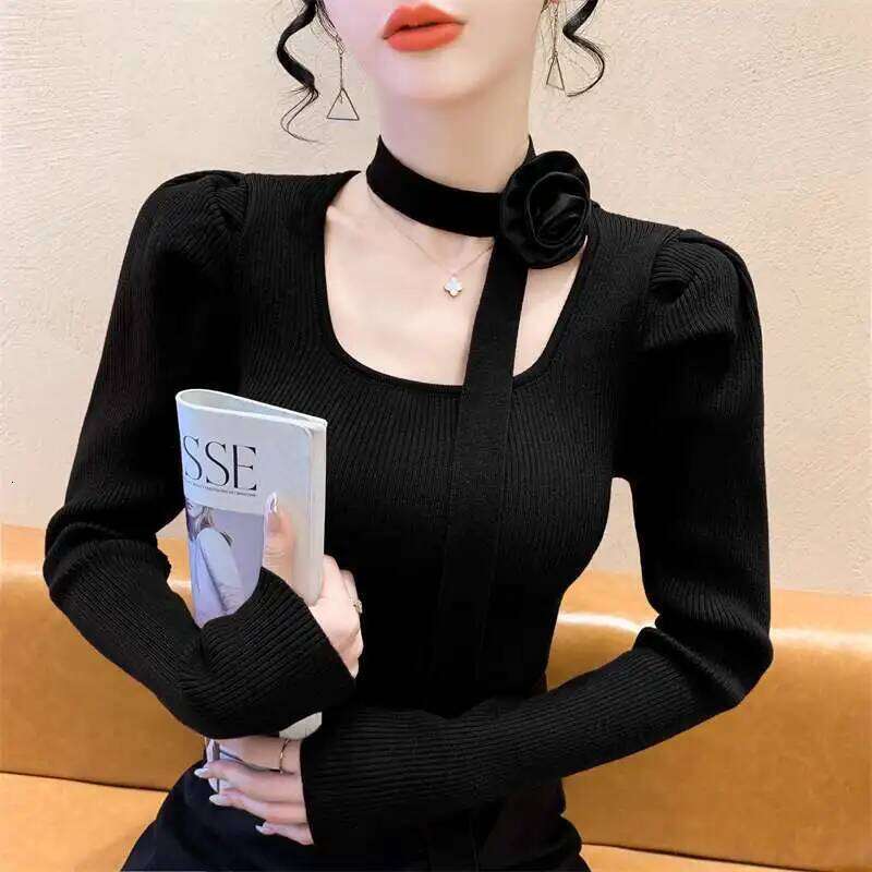 Retro Square Collar Wears Red Sweater for Women's New Style of Royal Sister Showing Off Her Figure Base Shirt Top XJ260305