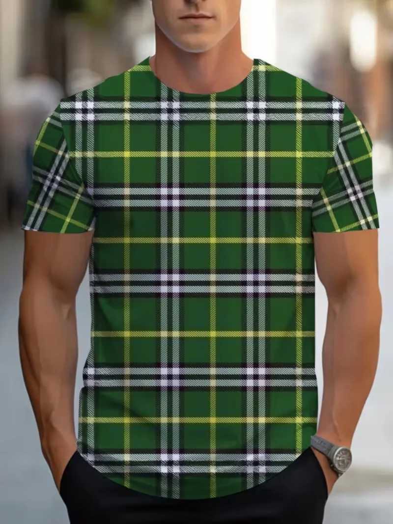 Mens Summer Plaid Striped T-Shirt Beige Gray Color Block Slim Fit Casual Crew Neck Tee for Daily Wear M260305