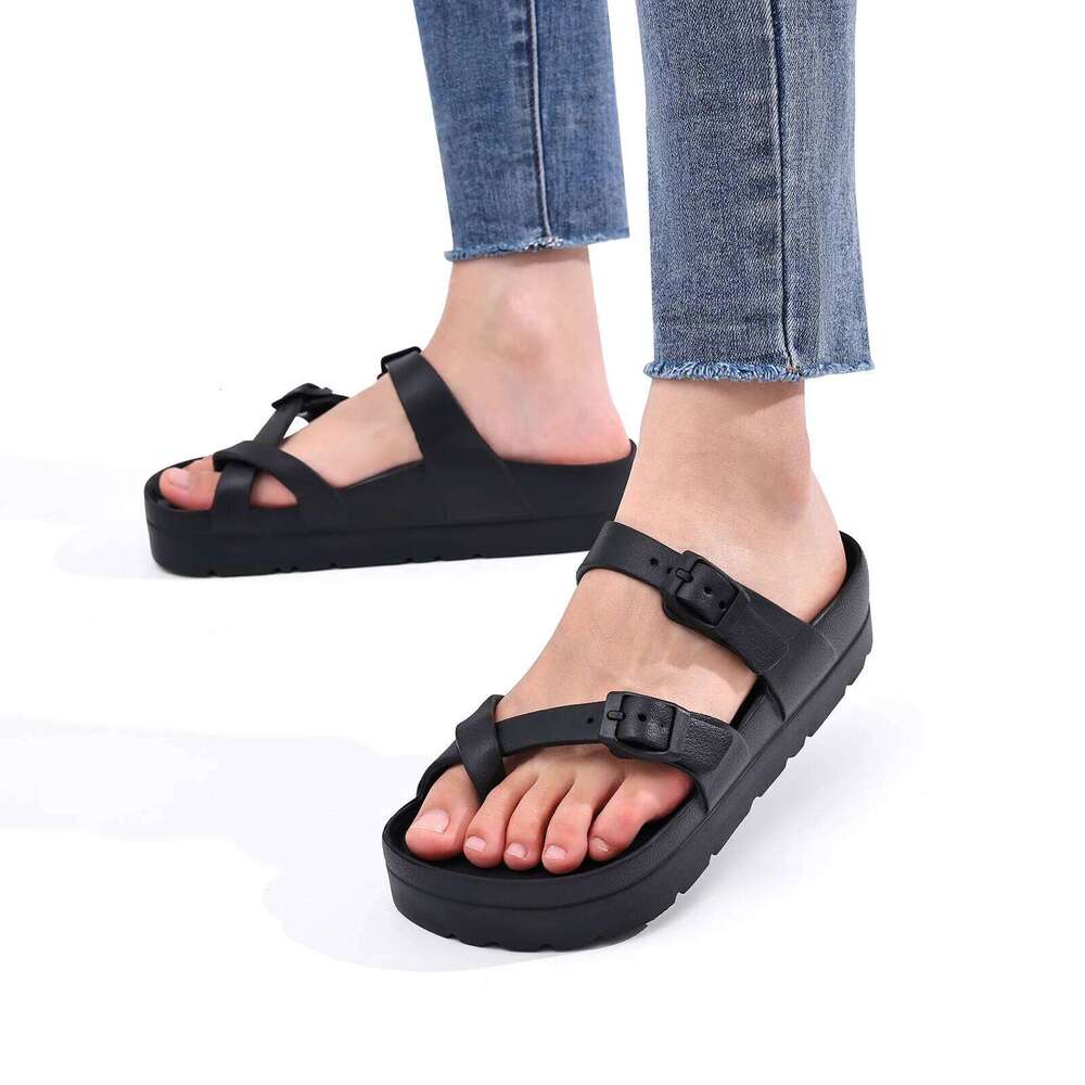Kidmi Men and Women Comfy Slide Double Adjustable Buckle EVA Flat Lightweight Thick Non Slip Sole Sandals
