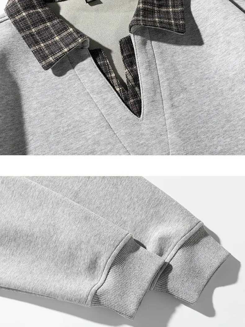 Retro Plaid Neck Sweatshirt for Men and Women Heavyweight Cotton Soft Fake Two-Piece V-Neck Long SLeeve M260305