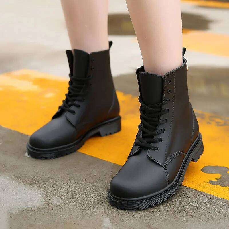 Fashion Women Rain Boots Waterproof Woman Square Heel Rubber Shoes Female Lace-up PVC Ankle Boot Ladies Platform Botas