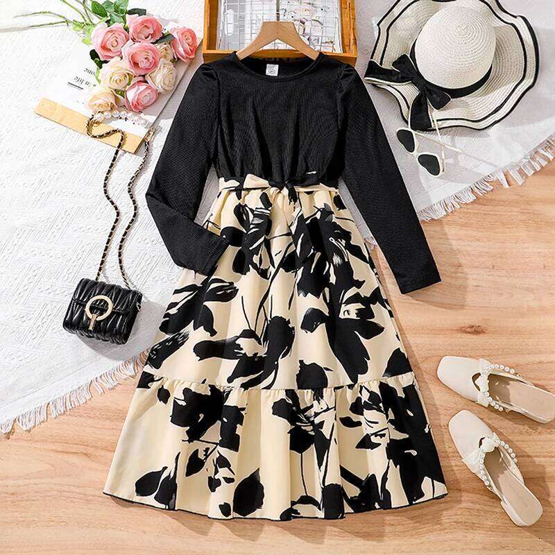 Kid Girl Long Sleeve Black Round Neck Patchwork Ink Painting Dress 8-12 Years Elegant Vintage Casual Kids Autumn Dresses Z260304