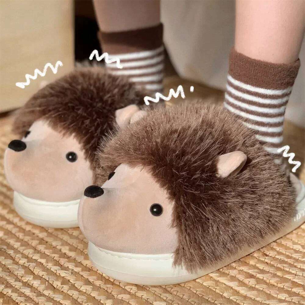 New Cute Cartoon Fluffy Slippers For Woman Winter Warm Shoes Funny Hedgehog Anti-slip Soft Plush Girls Indoor Home Floor Slides