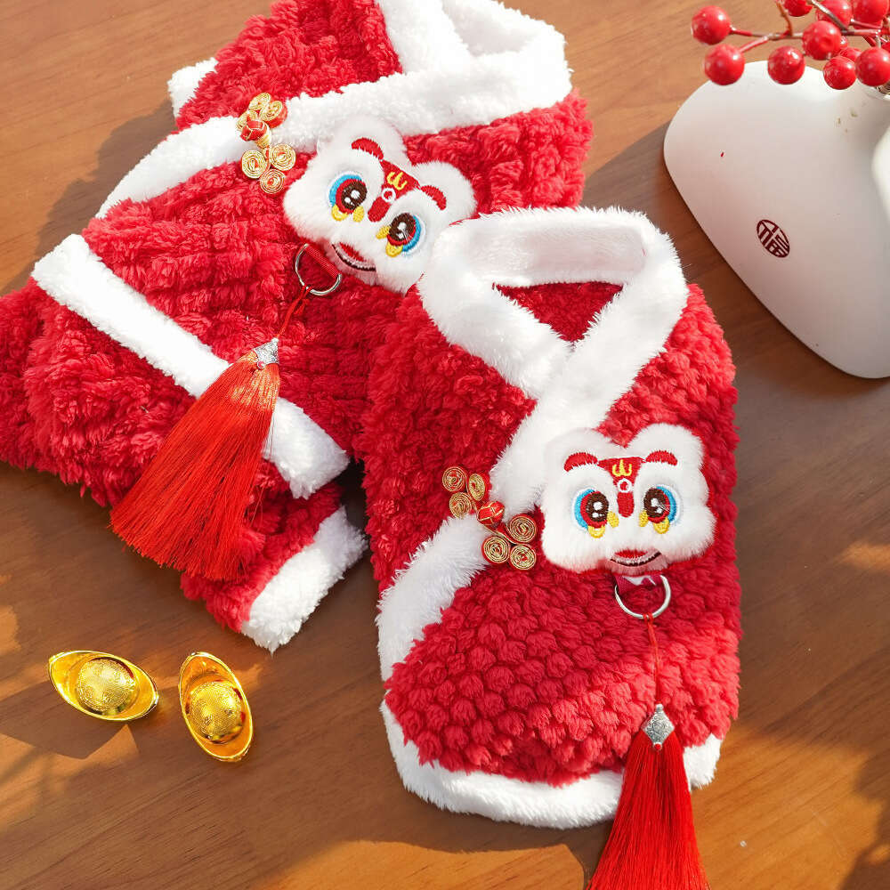 Famous brand Lion Dance Fleece Lined Warm Pet Clothes Teddy Tang Suit New Year Costume Dog Supplies Cat Dress pupakaIK