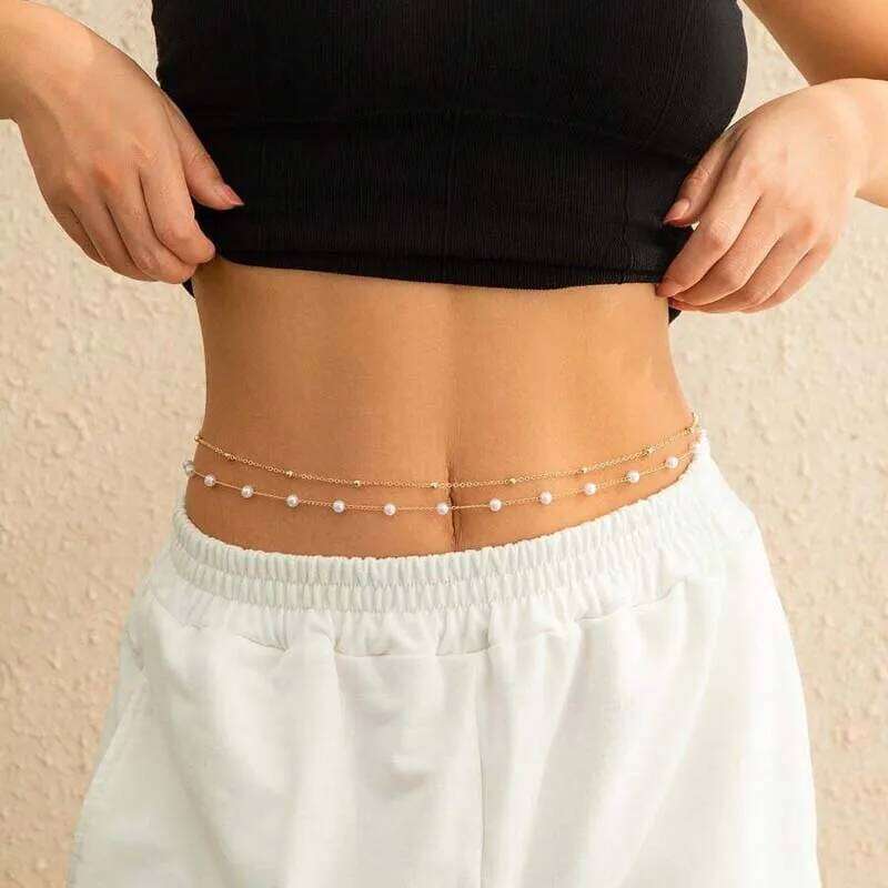 Fashion Pearl Bead Double Layered Waist for Women Sexy Metal Handmade Beads Belly Chain Beach Body Jewelry Accessories S260304