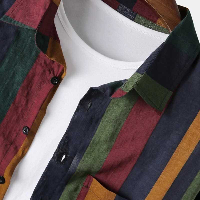 Autumn Mens Streetwear Colorful Vertical Stripes Loose Long Sleeve Shirt Leisure Fashion Retro Button-down Cotton Pockets Tops M260305