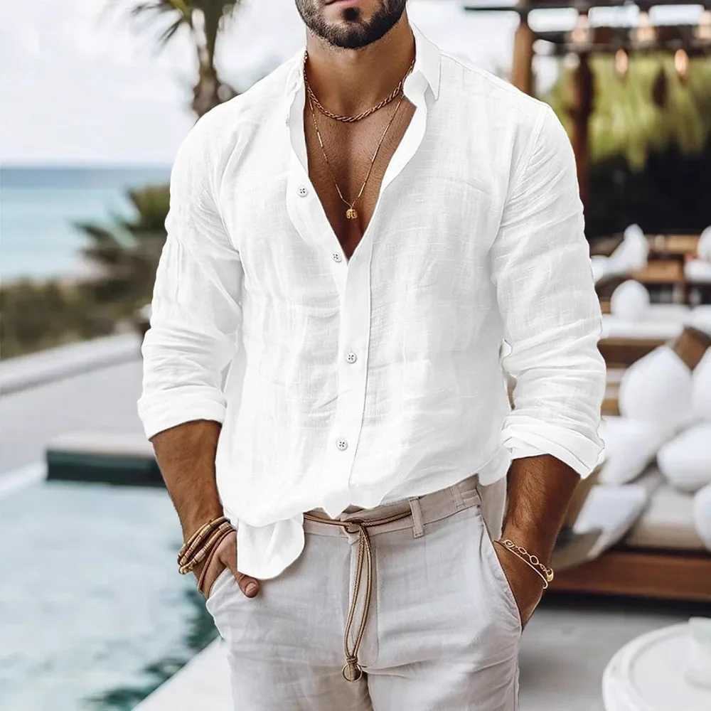 Cotton Linen Shirt for Men Summer Beach Style Solid Color Single Breasted Breathable Shirts Lightweight Stylish Button Tops M260305