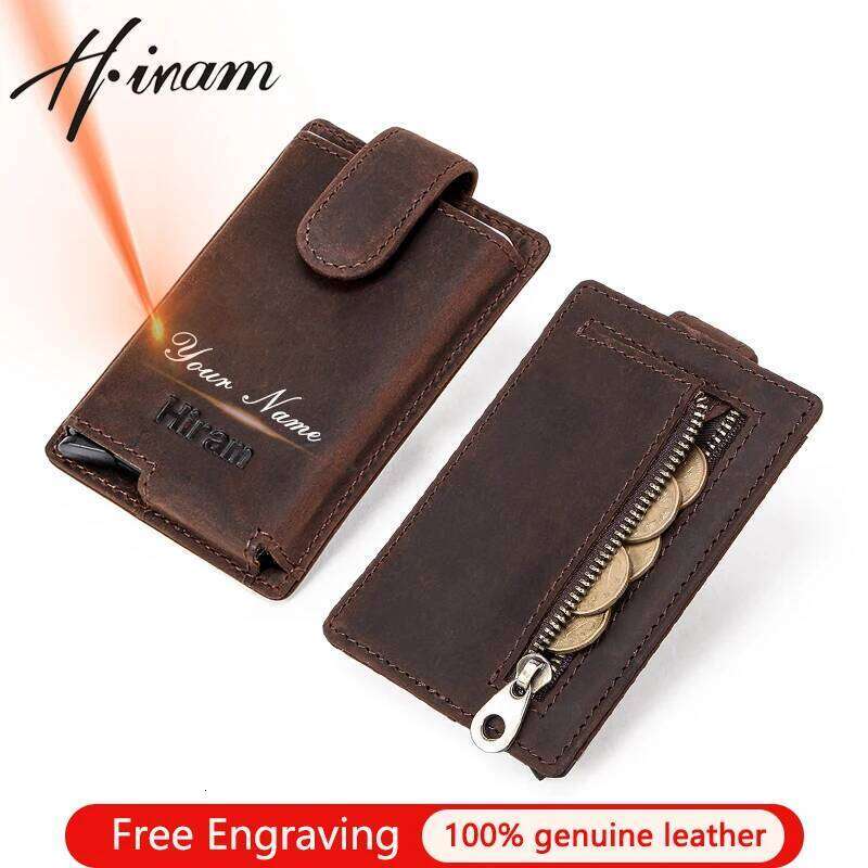 Hiram Credit Holder Men Metal RFID Vintage Aluminium Box Crazy Horse Leather Wallet Small Coin Purses ID Card Case C260304