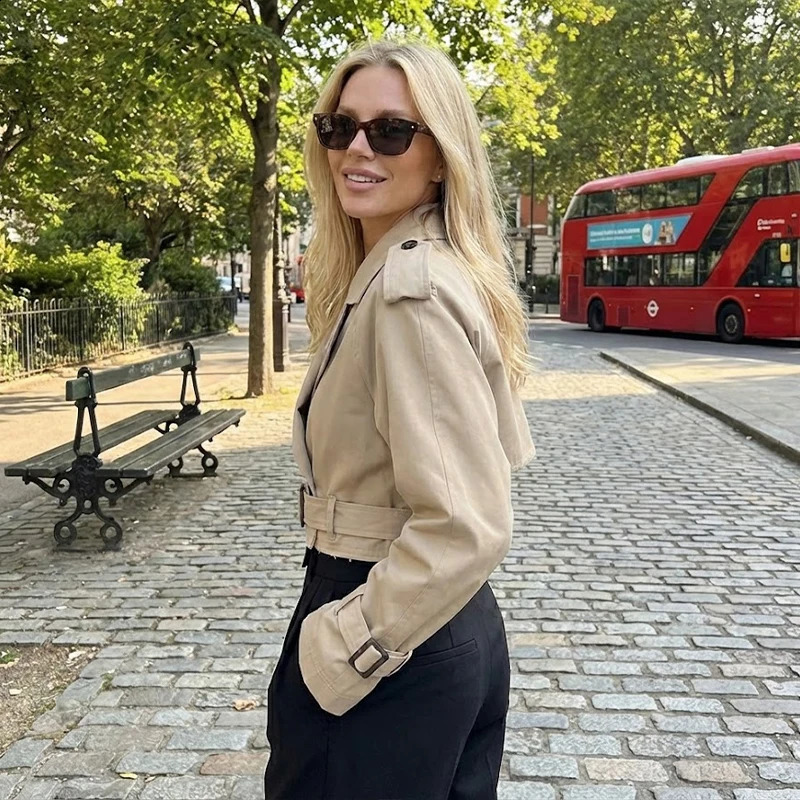 Willshela Women Fashion With Belt Cropped Trench Jacket Vintage Notched Neck Long Sleeve Female Chic Lady Coat Outfits 260228