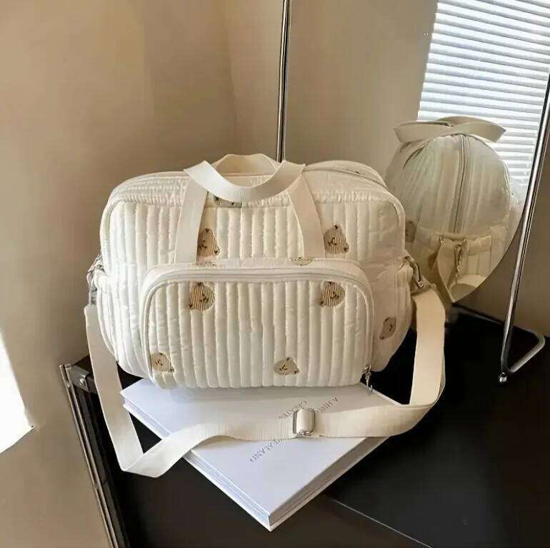 Nylon Crossbody Chic Bear & Tulip Embroidered Diaper Bag with Stroller Clip for Youngsters Travel Essentials Z260304