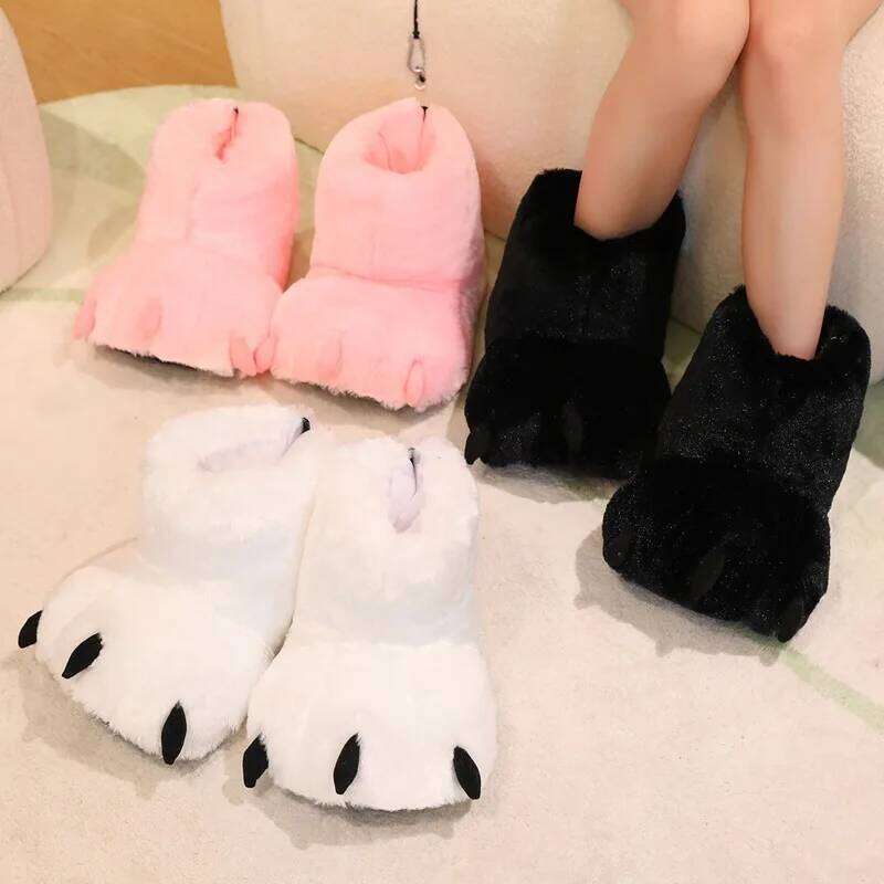 Cute Cartoon Paw Faux Fur Woman Winter Home Floor Fluffy Slippers Soft Plush Girls Indoor Snow Boots Funny Party Shoes