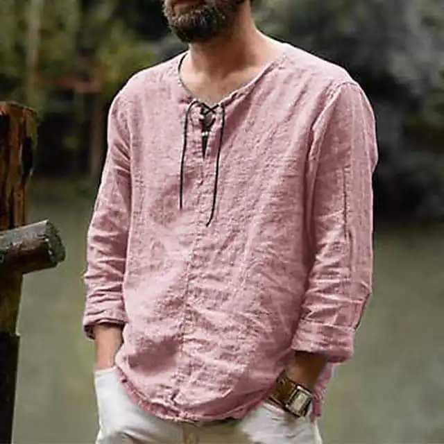 New Mens Cotton Linen shirt Male Solid Color V Neck bandage T-shirts Summer Mens Casual Long Sleeves Linen shirt Tops S-3XL M260305