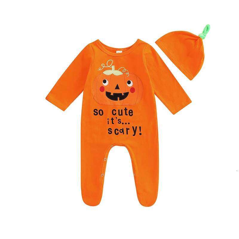 Babys Sleeve Footed Jumpsuit Halloween Pumpkin Letter Round Neck Long Romper with Hat Z260304