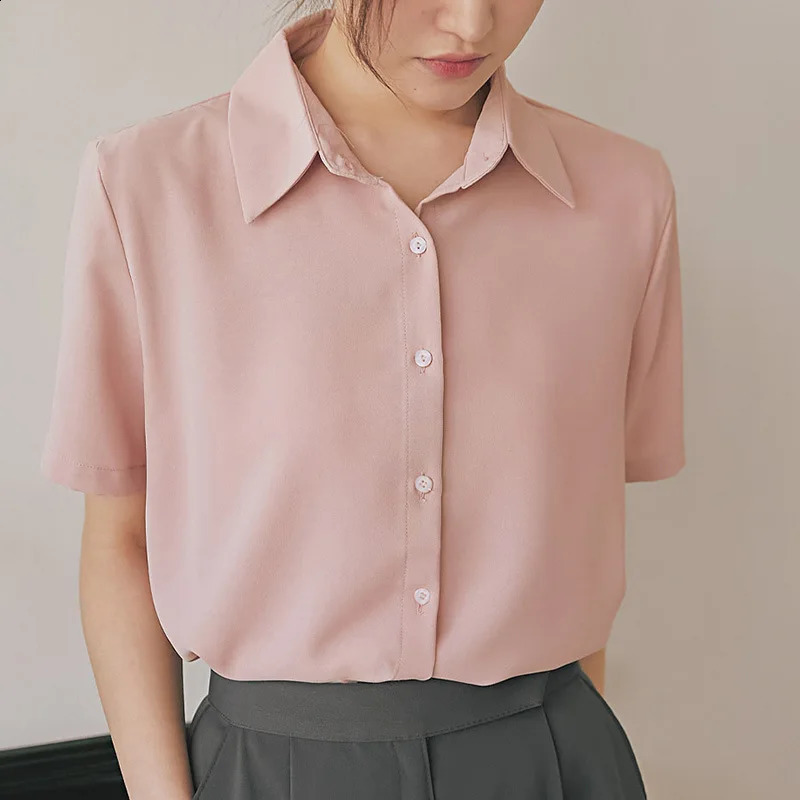 Classic Solid Color Short Sleeve Shirt Women Simple Single Breasted Casual Tops for Woman Summer Elegant White Button Up 260228
