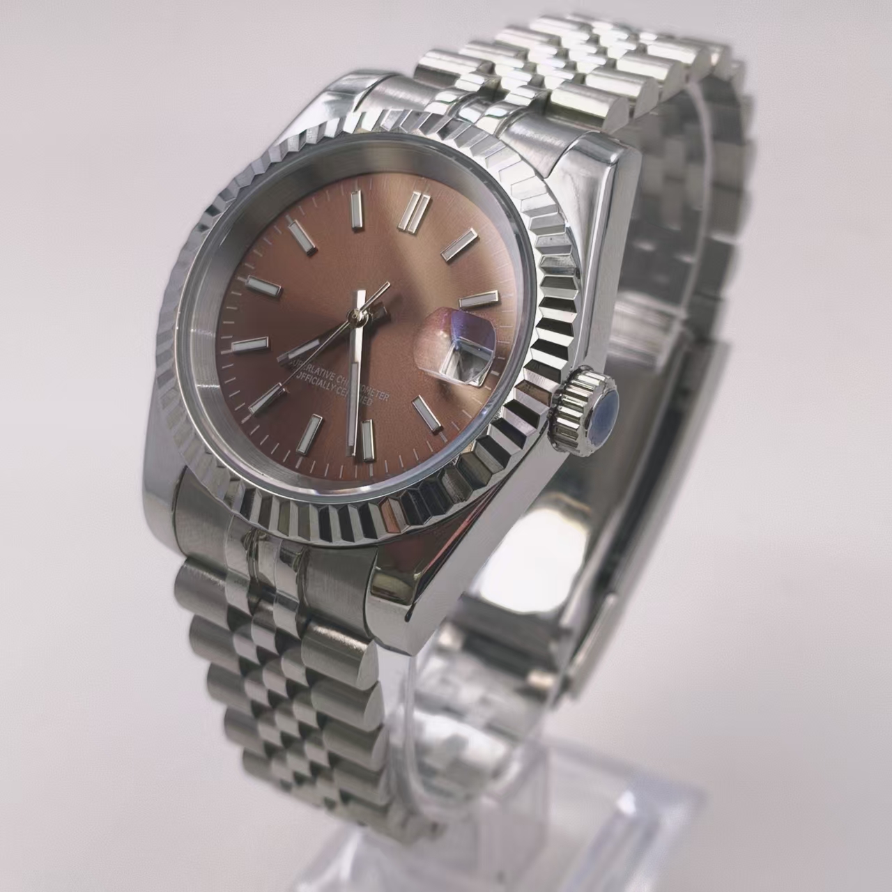 Self Made Diy NH35 Movement Sliver Watch Mod 39mm 316L Case 20mm 904L Strap green luminous Hands sapphire glass Fit NH35 movement strip nail Brown 28.
