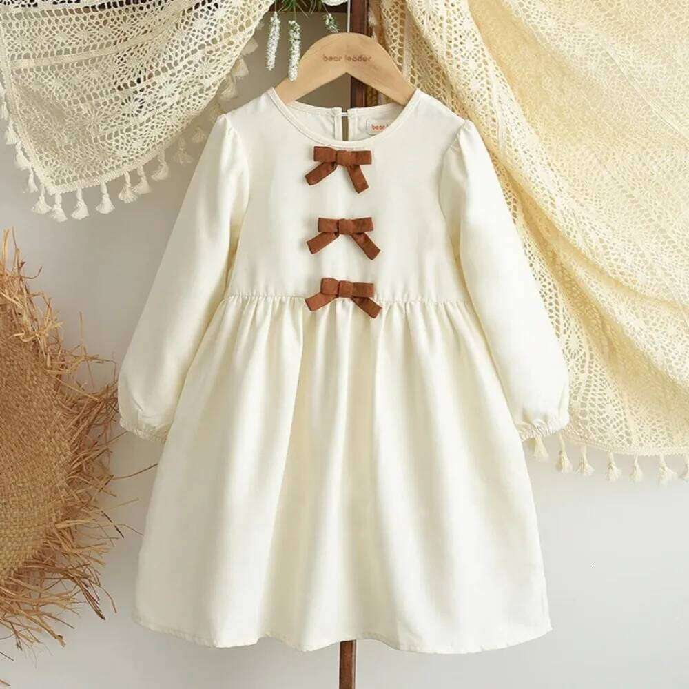 Beige Girls Dresses Autumn Long Sleeved Bow Decoration Princess Dress Fashionable and Simple Children's Casual Wear Z260304