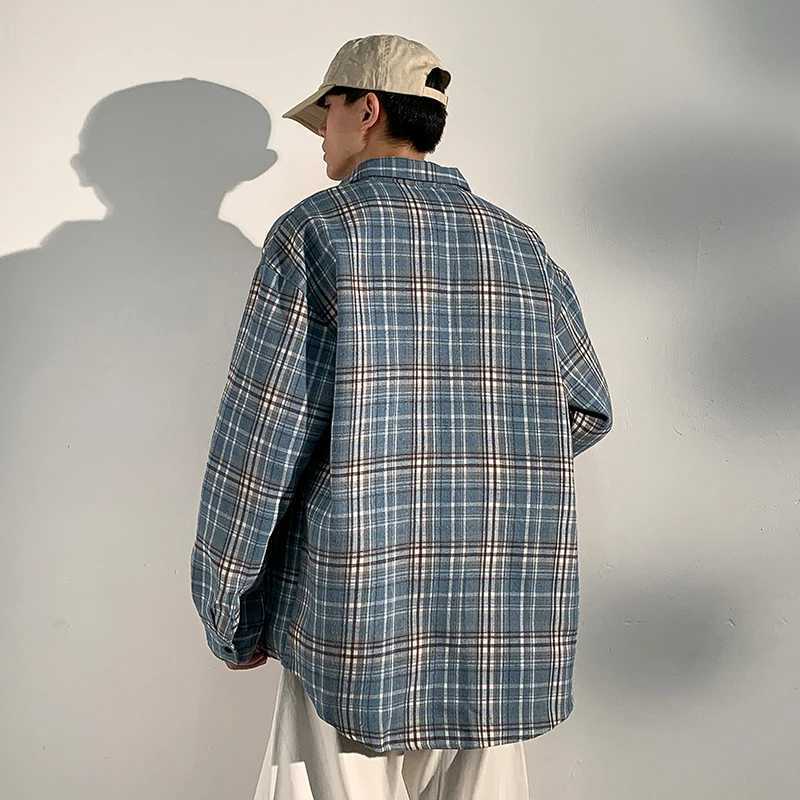 Vintage Mens Plaid Shirts Autumn Casual Trendy Lapel Shirt Korean Shirt Jacket Hong Kong Fashion Square Collar Shirt For Spring M260305