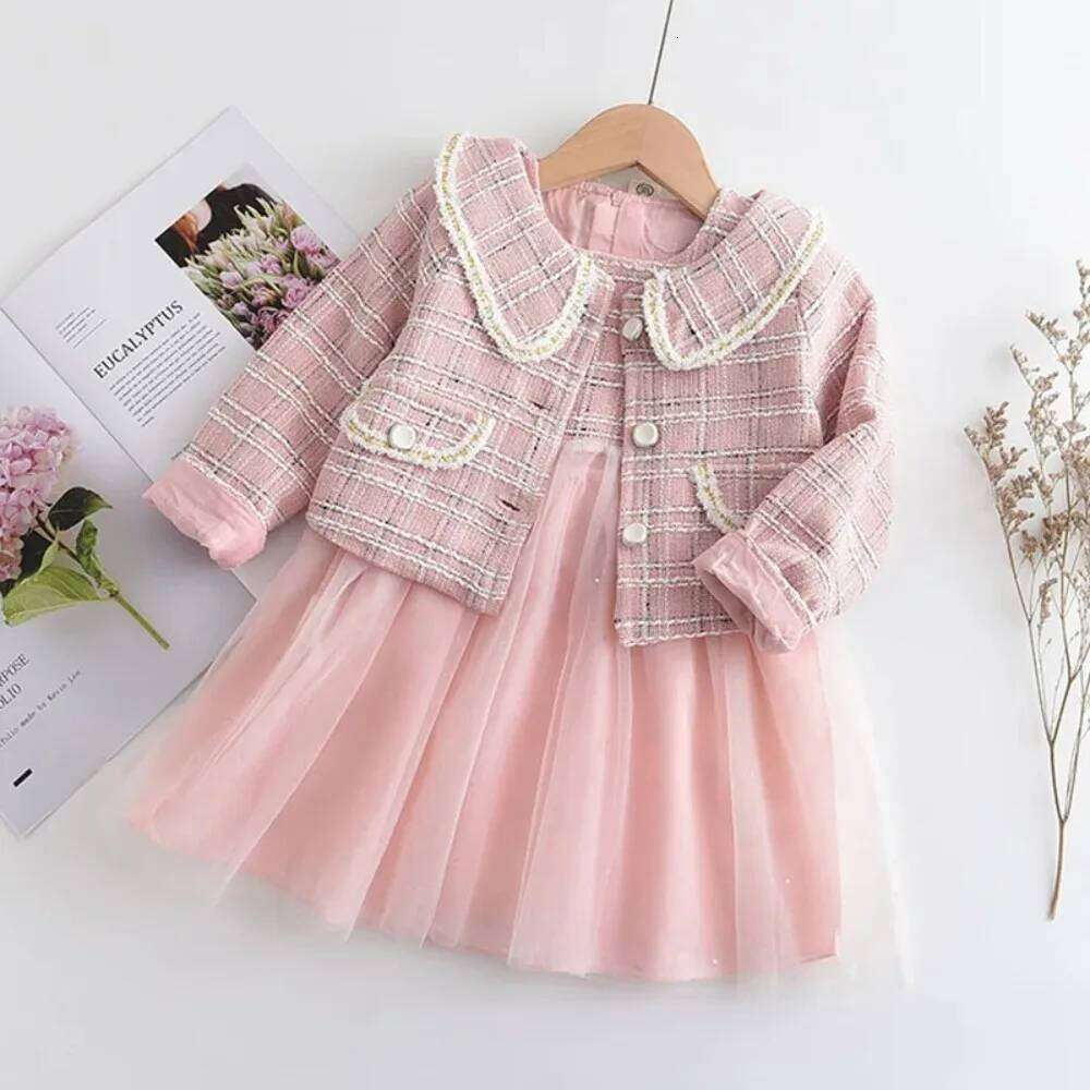 Autumn New Korean Version Clothes of Girls' Sleeveless Mesh Vest Dress+lapel Plaid Long Sleeved Jacket Two-piece Set Z260304
