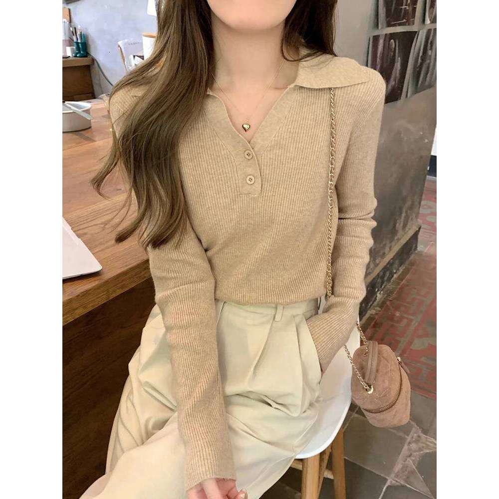 Female Autumn Winter Half-open V-lapel Pullover Korean Version of Long-sleeved Wearing Loose Sweater Slim Button Tops XJ260305