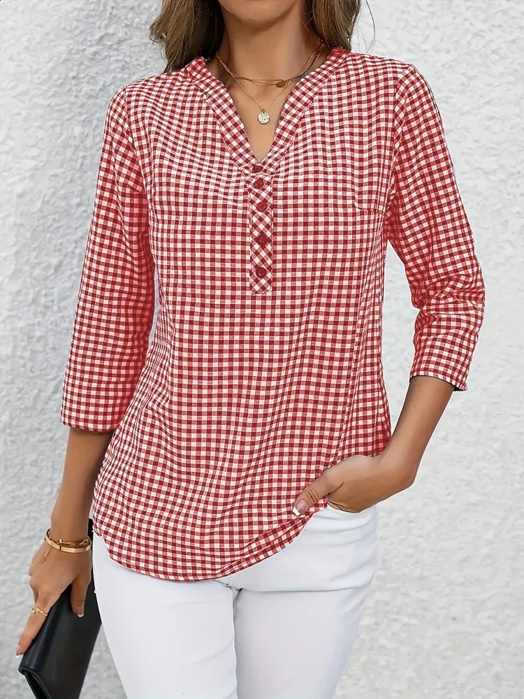 Plus Size Spring Autumn Women Fine Plaid Fashion Long Sleeve VNeck Blouse Slim Fit Temperament Top Belly Covering Small Shirts 260228