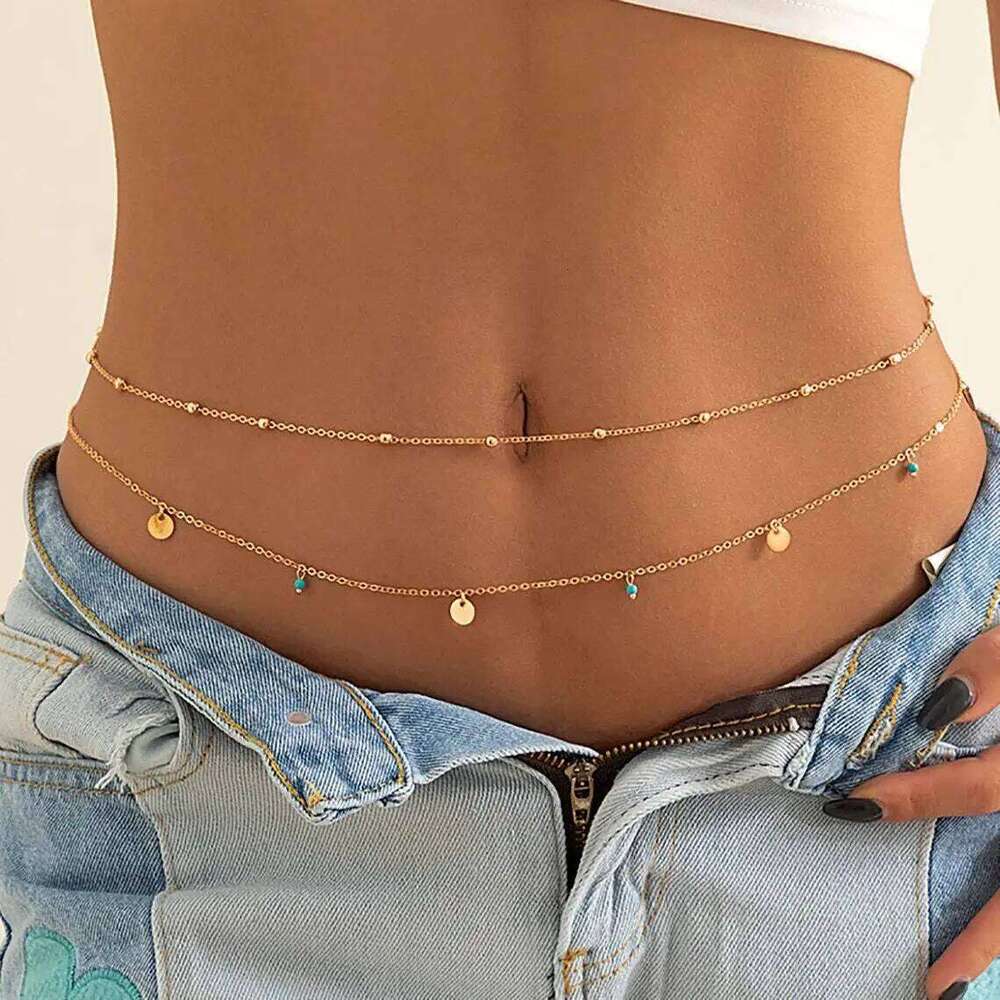 Minimalist Tassel Sequin Double Layer Casual Pants Hip-hop Body Fashionable Retro Turquoise Waist Chain S260304