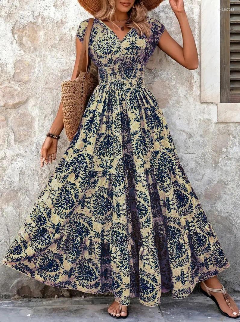 Casual Dresses 2026 Vintage Printed Dress Fashionable And Elegant V-neck Short Sleeved Jumpsuit Long Skirt Womens Clothing