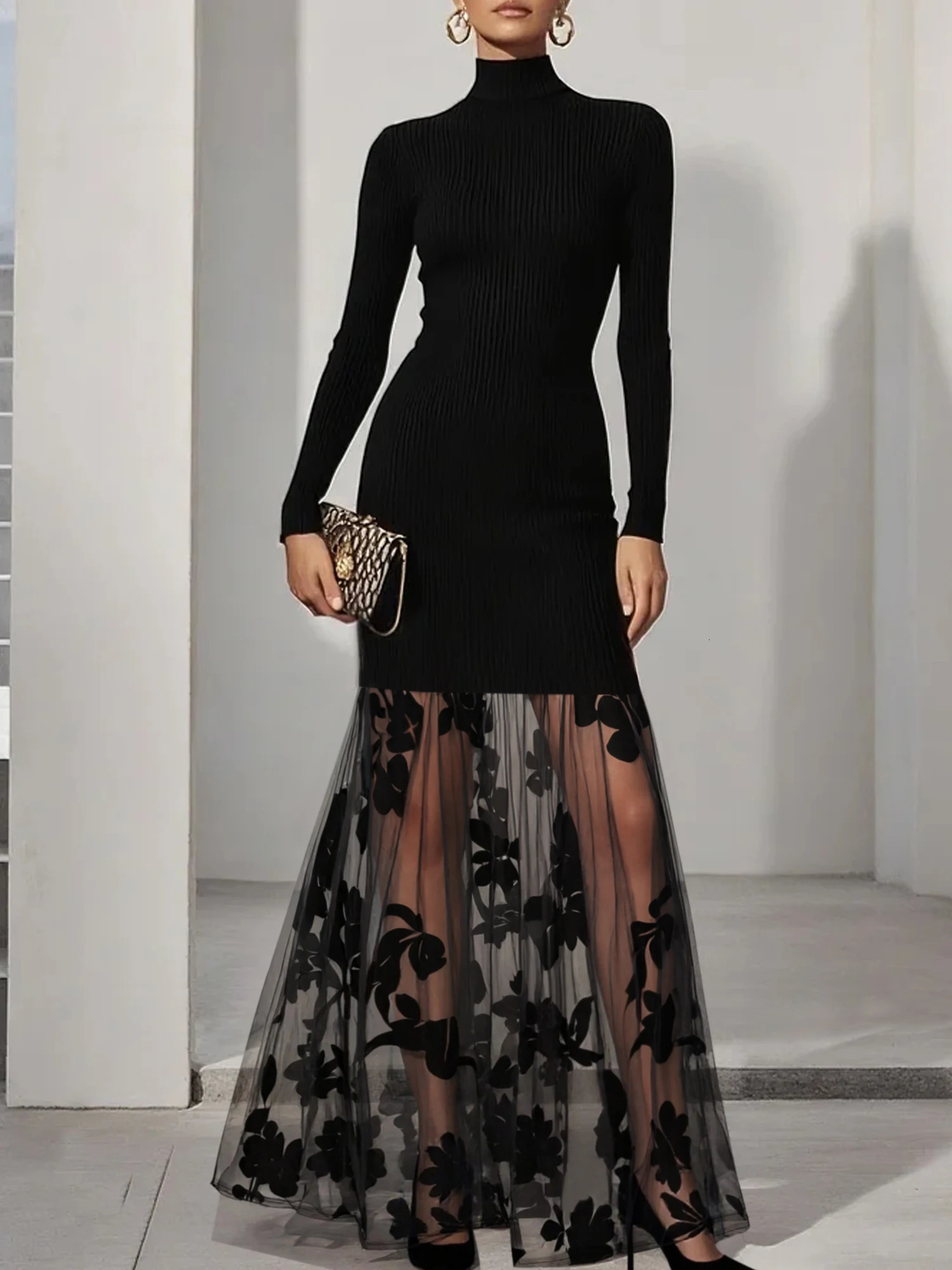 Elegant Long Sleeve Bodycon Dress with Sheer Tulle Overlay for Evening Party 260302