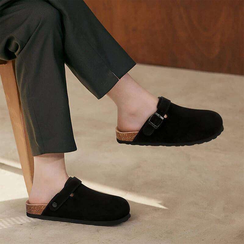 Kidmi Genuine Leather Clogs Cork Footbed Indoor and Outdoor Slippers Cow Suede Mules With Adjustable Strap