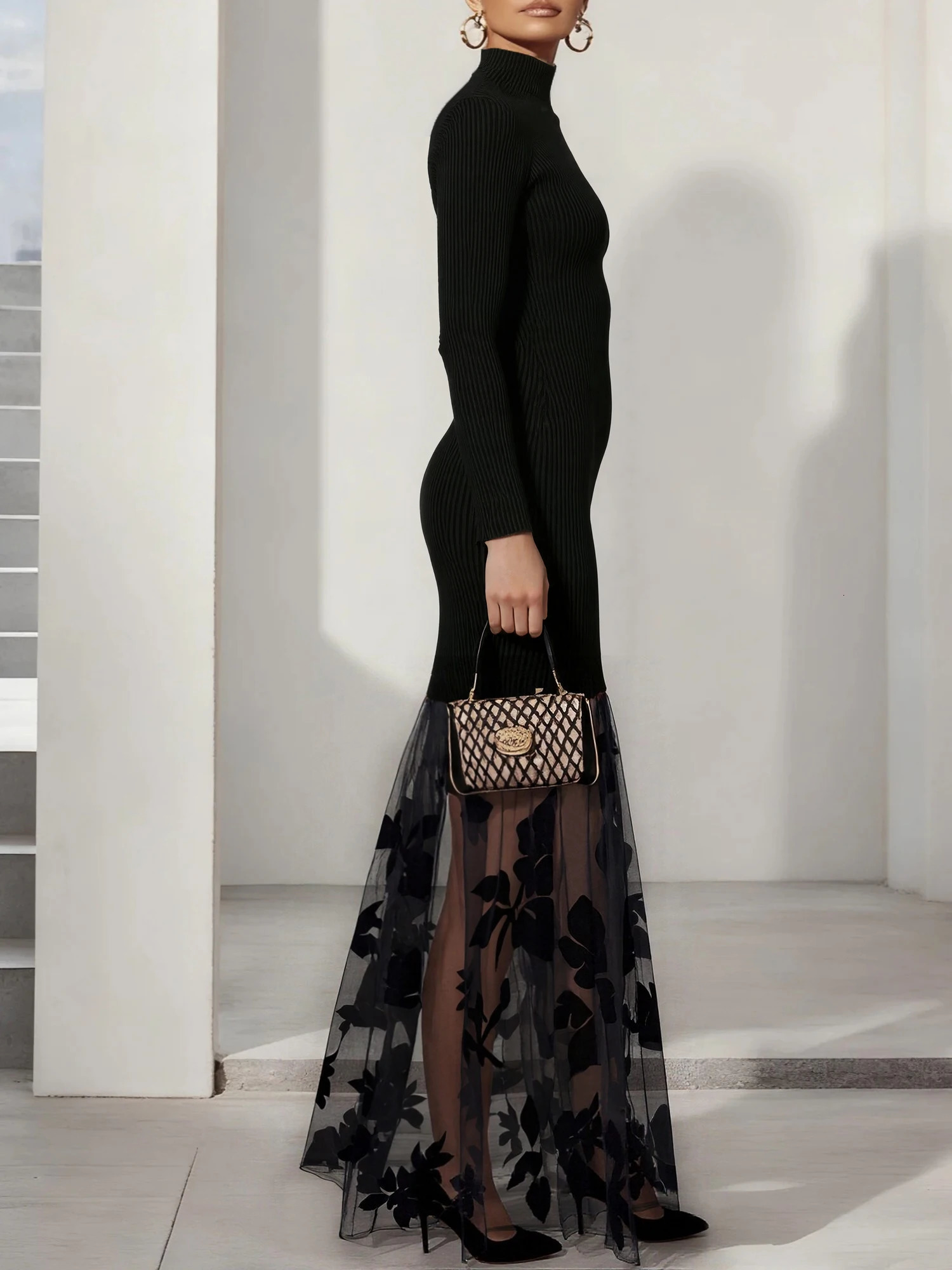 Elegant Long Sleeve Bodycon Dress with Sheer Tulle Overlay for Evening Party 260302