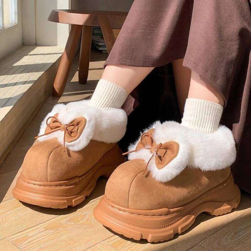 Warm Faux Fur Fluffy Slippers For Women Winter Platform Shoes Soft Plush Thick Sole Cute Bow Girls Indoor Street Snow Boots