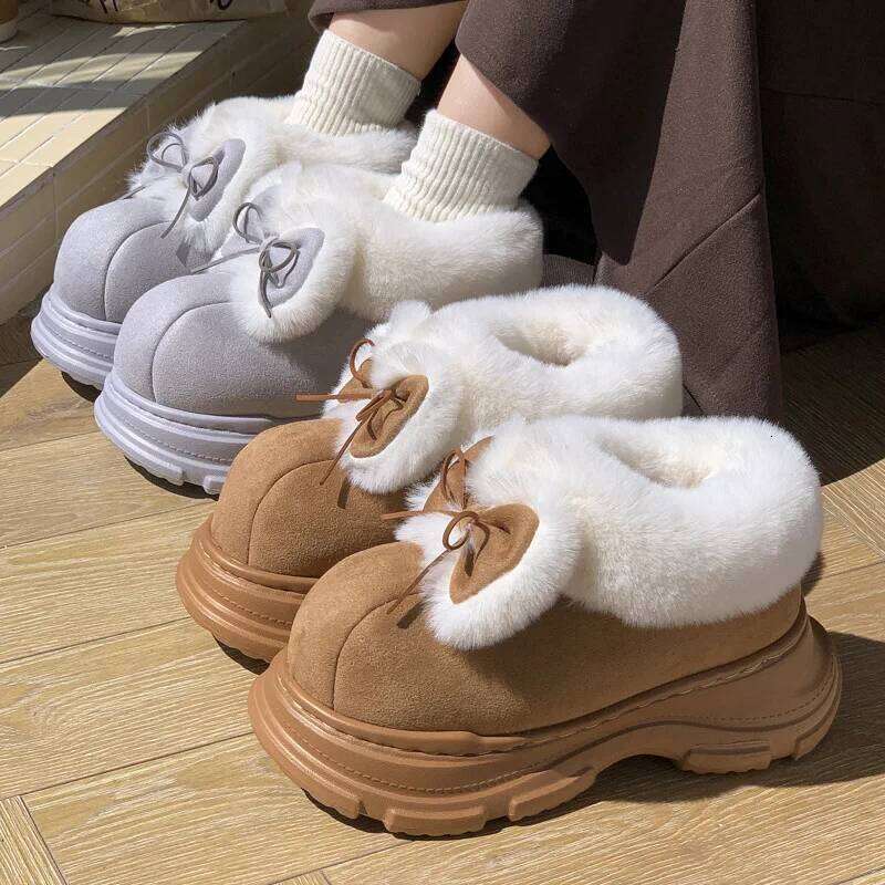 Warm Faux Fur Fluffy Slippers For Women Winter Platform Shoes Soft Plush Thick Sole Cute Bow Girls Indoor Street Snow Boots