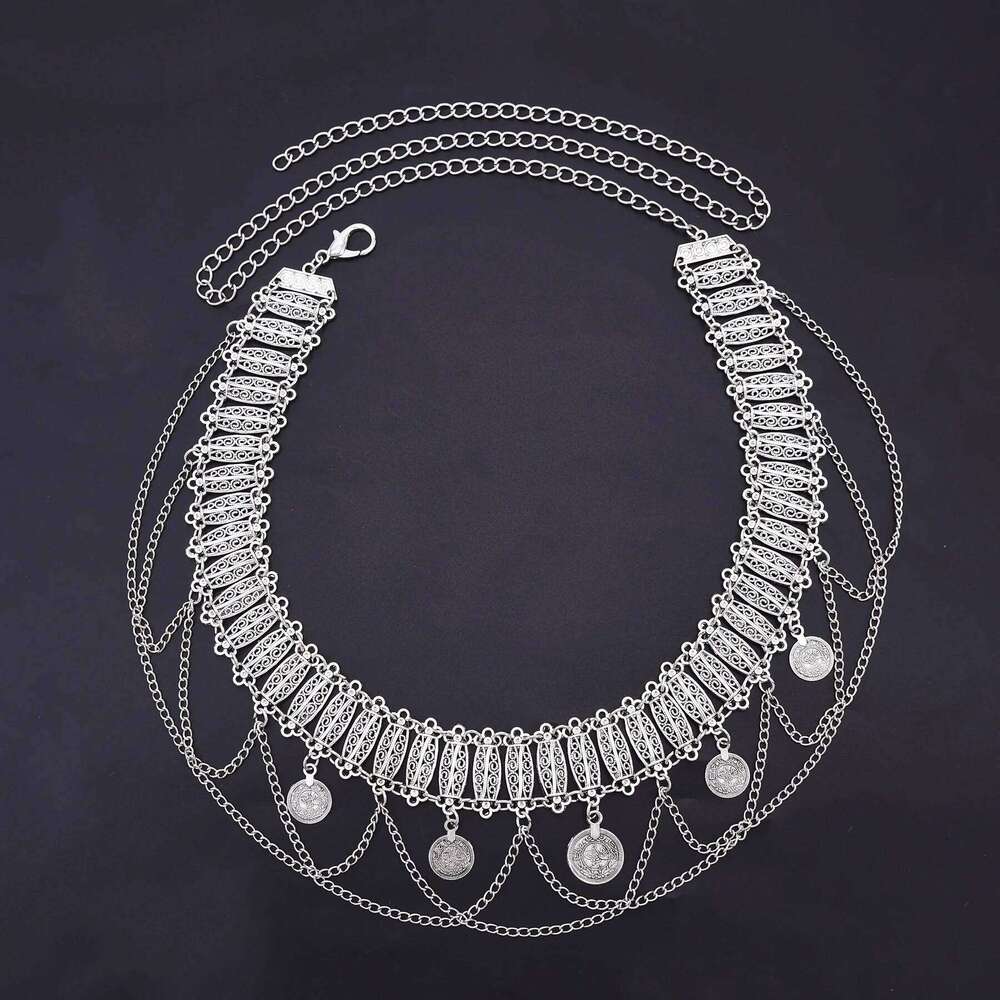 Vintage Zinc Alloy Antique Silver Waist Exotic Style Multi-layer Coin Pendant Body Chain Women Belt S260304