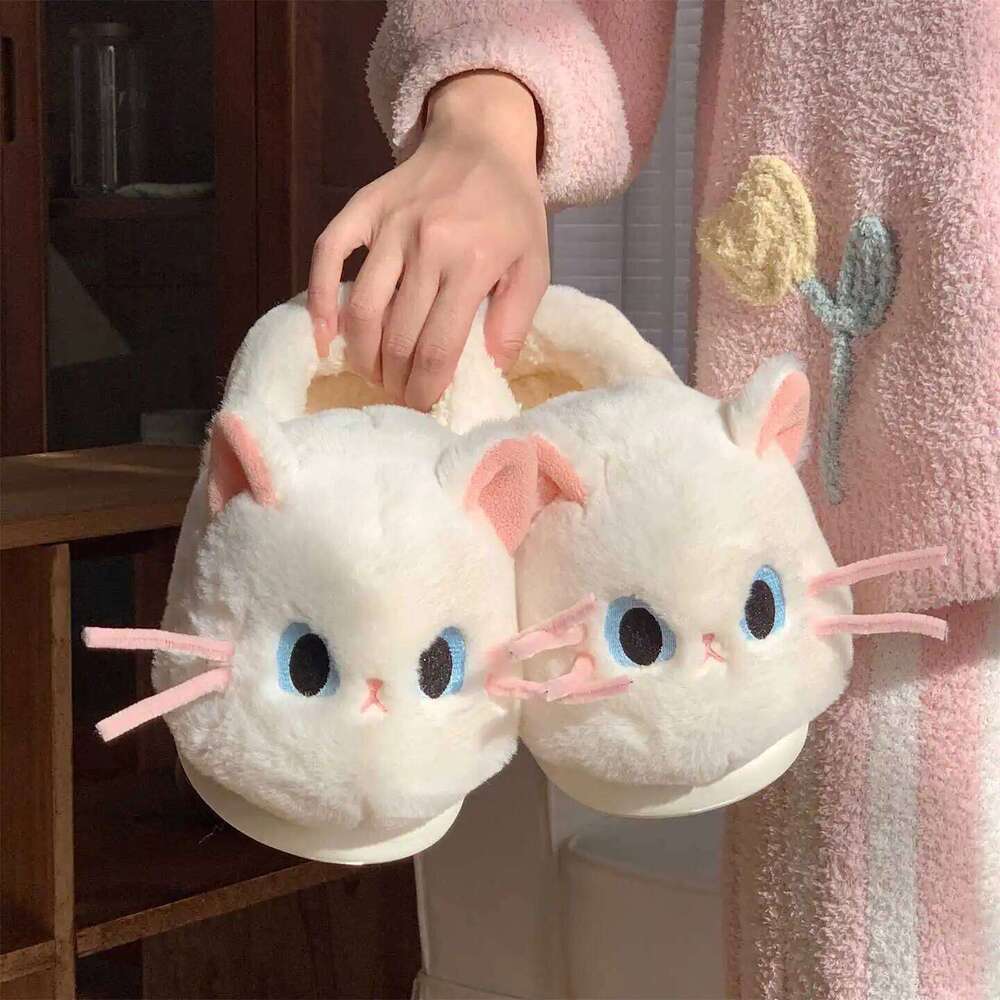 Women Indoor Fluffy Slippers Cute Cartoon Cat Girls Winter Warm House Shoes Soft Faux Fur Thick Sole Female Home Cotton Slides