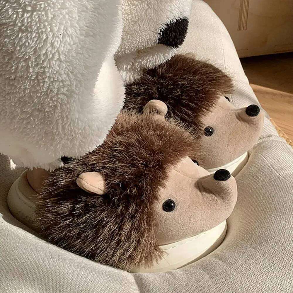 New Cute Cartoon Fluffy Slippers For Woman Winter Warm Shoes Funny Hedgehog Anti-slip Soft Plush Girls Indoor Home Floor Slides