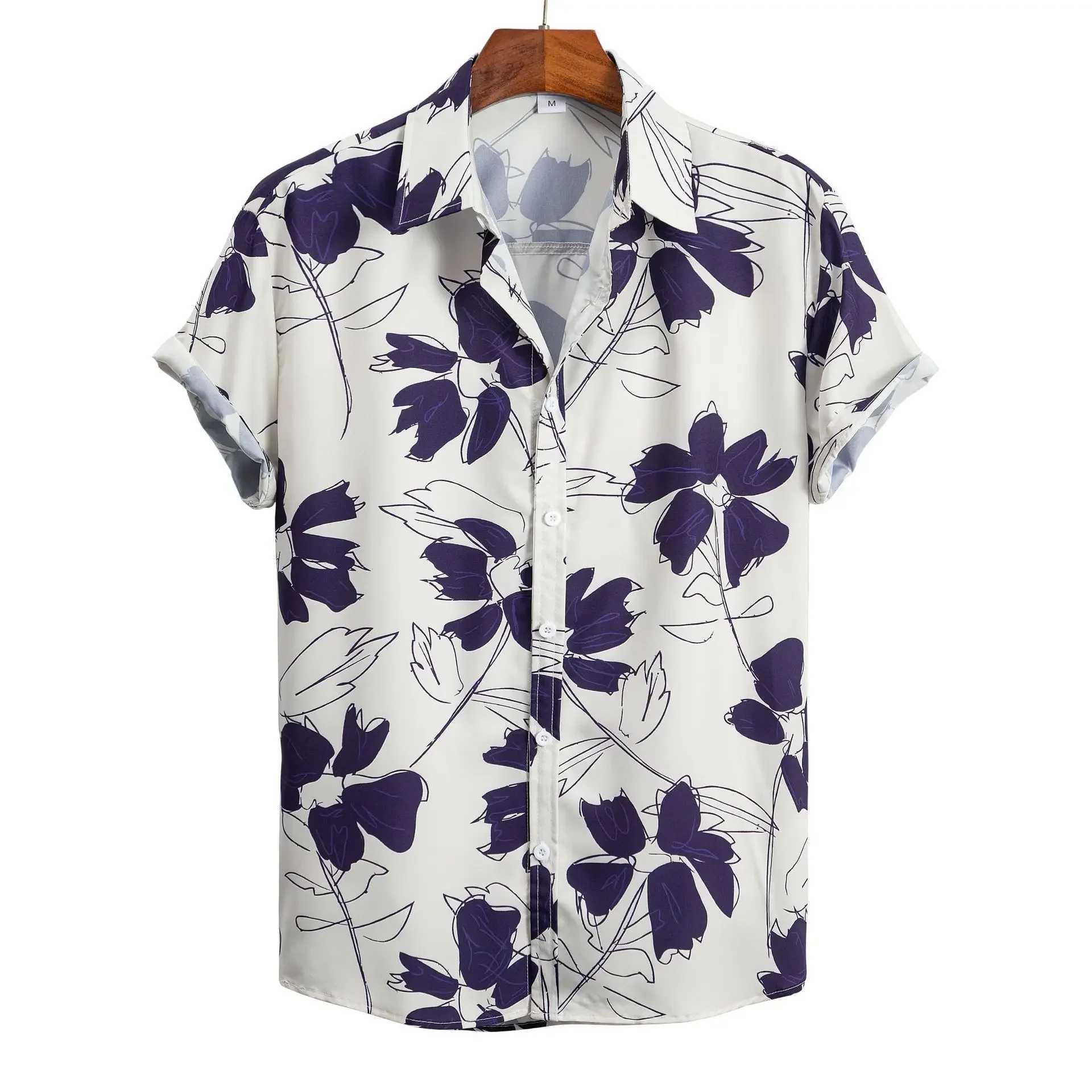 Hawaiian geometric print mens shirts single-cut beach shirts short-sleeved tops mens holiday clothing floral fashion 2026 M260305