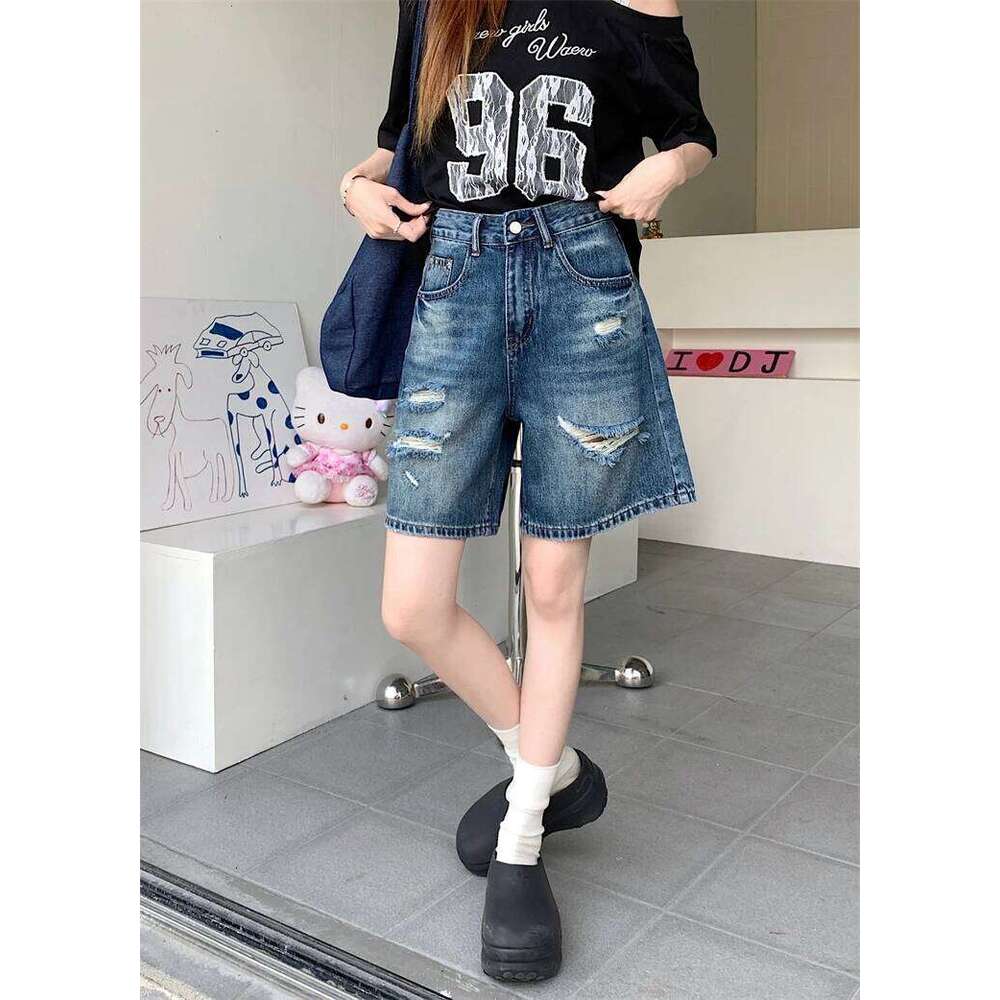 2025 Summer American Vintage Distressed Knee Length Denim Women's New Chic High-waist Loose Slimming Straight-leg Shorts XJ260305