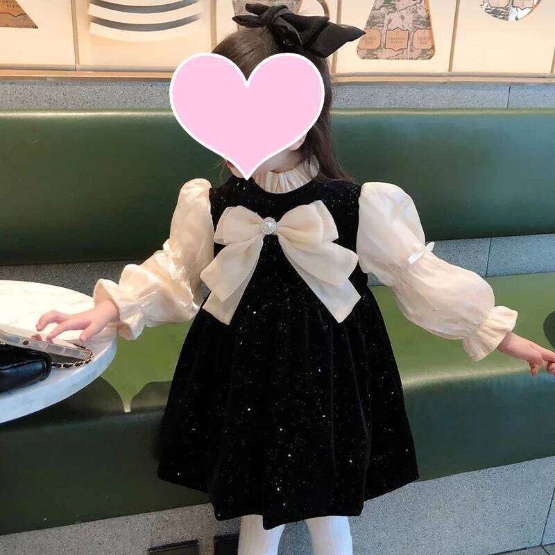 Autumn for Girls Birthdays Spring French Style Black Outer Wear Sweet Princess Dress Bow Clothing Z260304