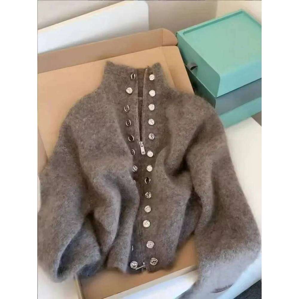 Fluffy Knitted Cardigan Sweater Double Breasted Stand-up Collar Knitwear Women Autumn High-end Lazy Zipper 2000s Y2k Knit Top XJ260305