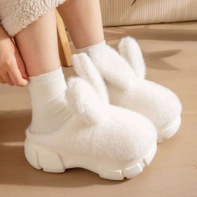Women Indoor Fluffy Slippers Thick Sole Autumn Winter House Platform Shoes Warm Faux Fur Anti-slip Female Home Cotton Slipper