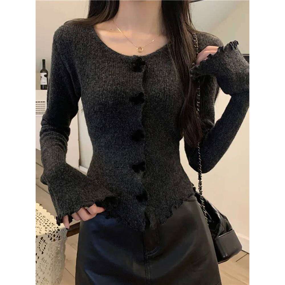 Autumn Winter Knitted Single-breasted Sweaters Women's Ruched Long Sleeve Cropped Cardigan V Neck Button Down Knit Tops XJ260305