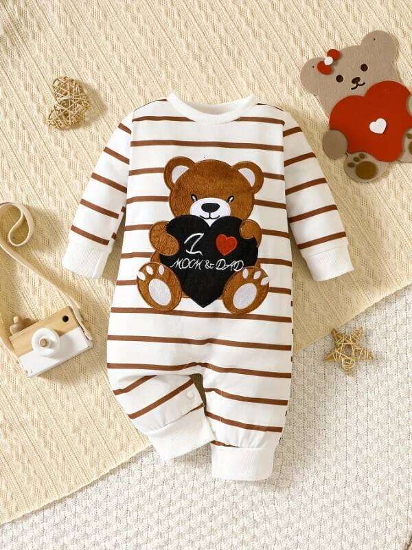 "Korean-Style Baby Romper | Brown White Striped Onesie with Bear-Holding-Heart Embroidery - 'I Love Mom & Dad' Themed" Z260304