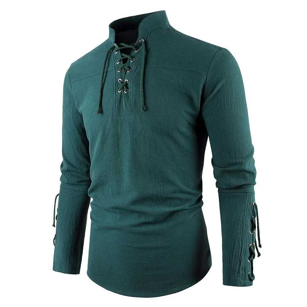 Mens Casual Cotton Linen T-shirt Henley Neck Drawstring Design Tops Medieval Costume Halloween Party Vintage Stylish Tees M260305